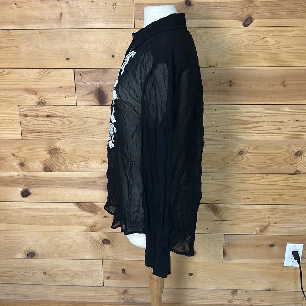 LAST CALL Karen Kane sheer henley button LS black crepe blouse top shirt LG - Picture 4 of 12